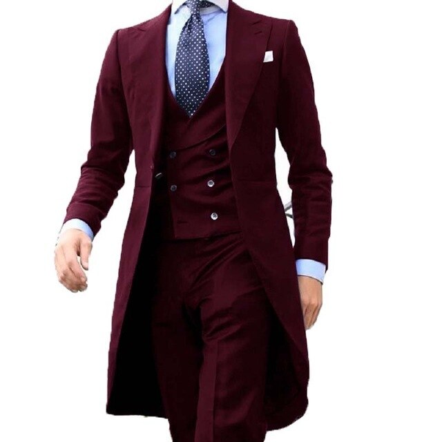 New Arrivel Long Coat Designs Chinese Red Men Suit Gentle mens Tuxedo Prom Blazer Custom 3 Pieces (Jacket+vest+Pants)
