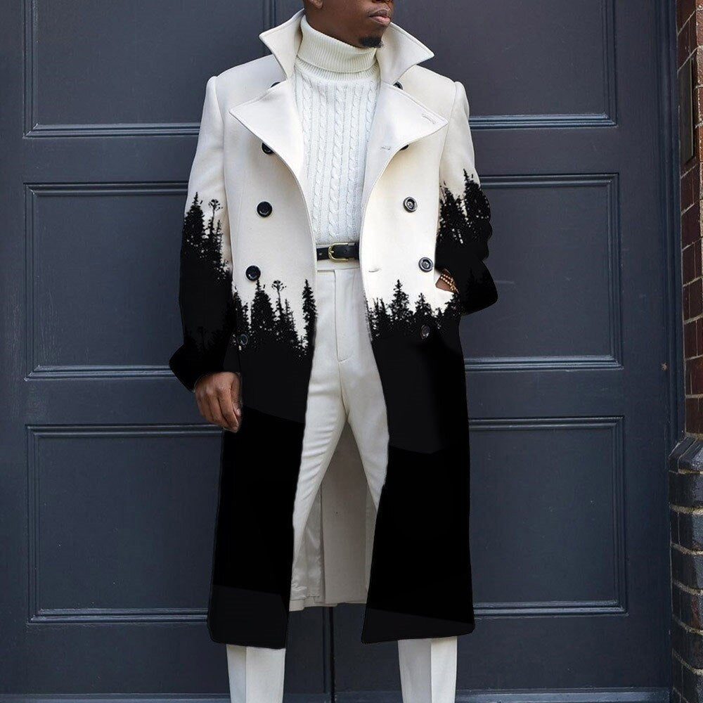maoxiangshop Men's Coat Long Sleeve Fall Color Block Black White Man Trench Oversize Outwear Fashion Casual Office Jacket Plus Size