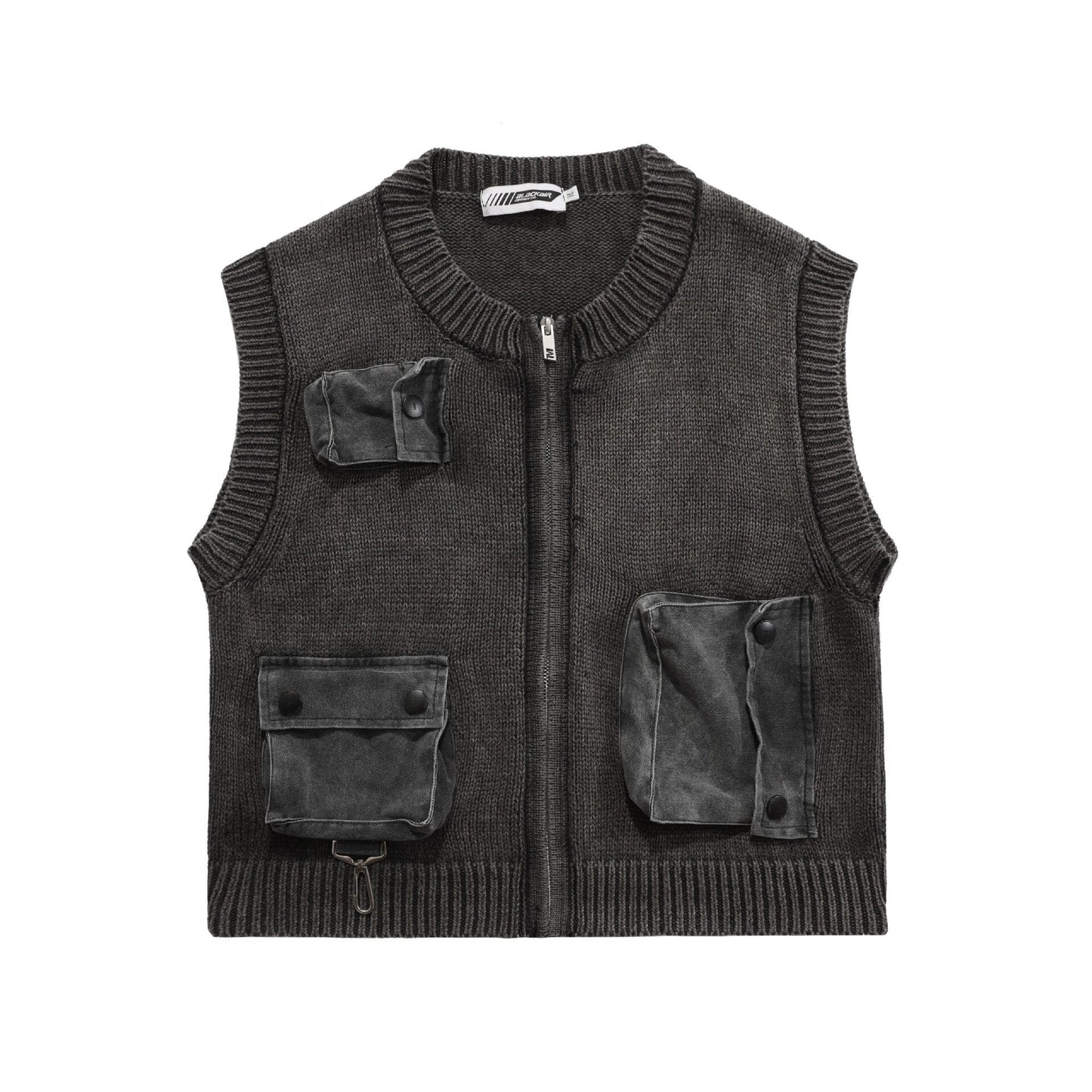 Men's Streetwear Vintage Knitted Vest Men Three-dimensional Multi-pocket Autumn Winter New Zipped Sleeveless Waistcoat