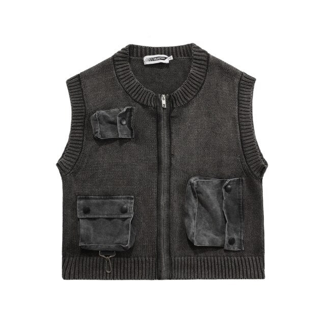 Men's Streetwear Vintage Knitted Vest Men Three-dimensional Multi-pocket Autumn Winter New Zipped Sleeveless Waistcoat