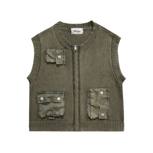 Men's Streetwear Vintage Knitted Vest Men Three-dimensional Multi-pocket Autumn Winter New Zipped Sleeveless Waistcoat