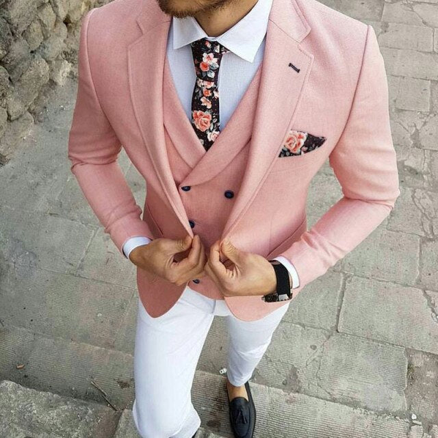 pink jacket with white pant men suits for business wedding street smart casual slim fit terno tailor made costume 3 pieces