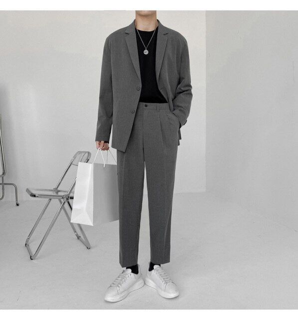 Men's Suit Two Pieces Set Simple Light Mature Loose Long Sleeve Suit Coat + Suit Pants Green High Quality New