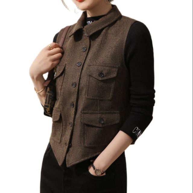Women's Tweed Wool Vest Slim Fit Business Jacket Ladies Sleeveless Retro Waistcoat жилетка женская