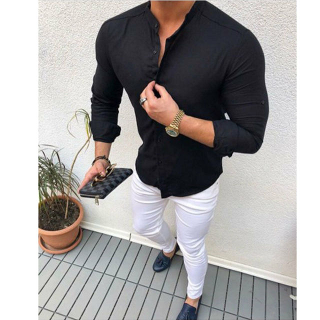 maoxiangshop Hot Fashion Men's Linen Cotton Button Long Sleeve Slim Fitness Shirt Slim Fit Casual Male Shirts Pure Color Blouse Tops