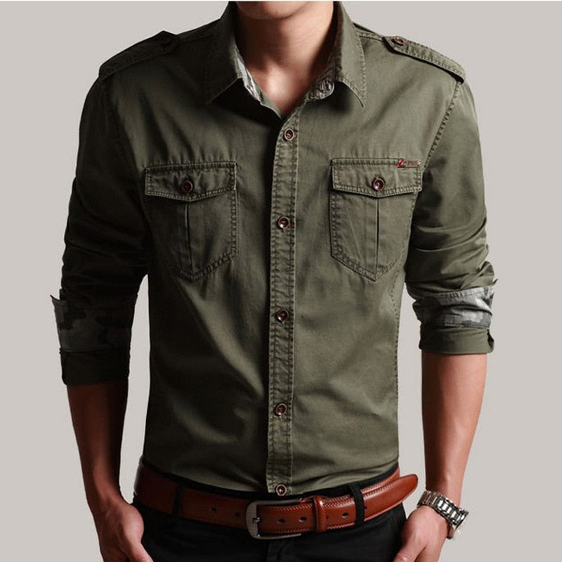maoxiangshop New 100% Cotton Shirt With Epaulette Men Long Sleeve Breathable Casual Shirts Man Solid Shirt Slim Fit Male Shirts