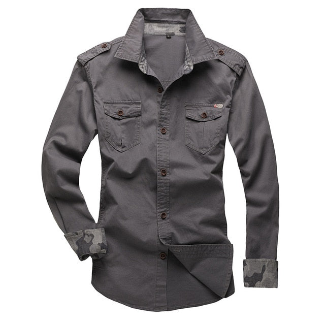 maoxiangshop New 100% Cotton Shirt With Epaulette Men Long Sleeve Breathable Casual Shirts Man Solid Shirt Slim Fit Male Shirts