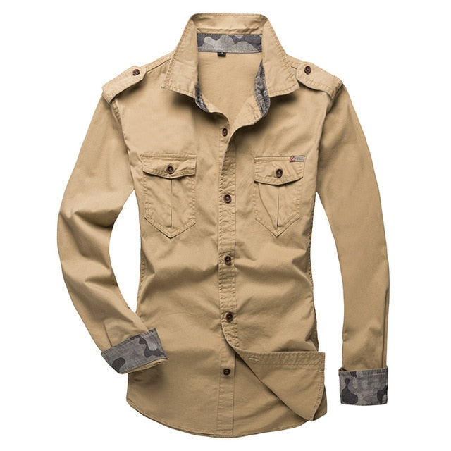 maoxiangshop New 100% Cotton Shirt With Epaulette Men Long Sleeve Breathable Casual Shirts Man Solid Shirt Slim Fit Male Shirts