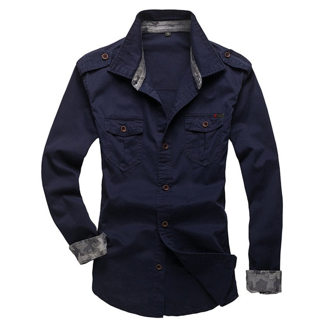 maoxiangshop New 100% Cotton Shirt With Epaulette Men Long Sleeve Breathable Casual Shirts Man Solid Shirt Slim Fit Male Shirts