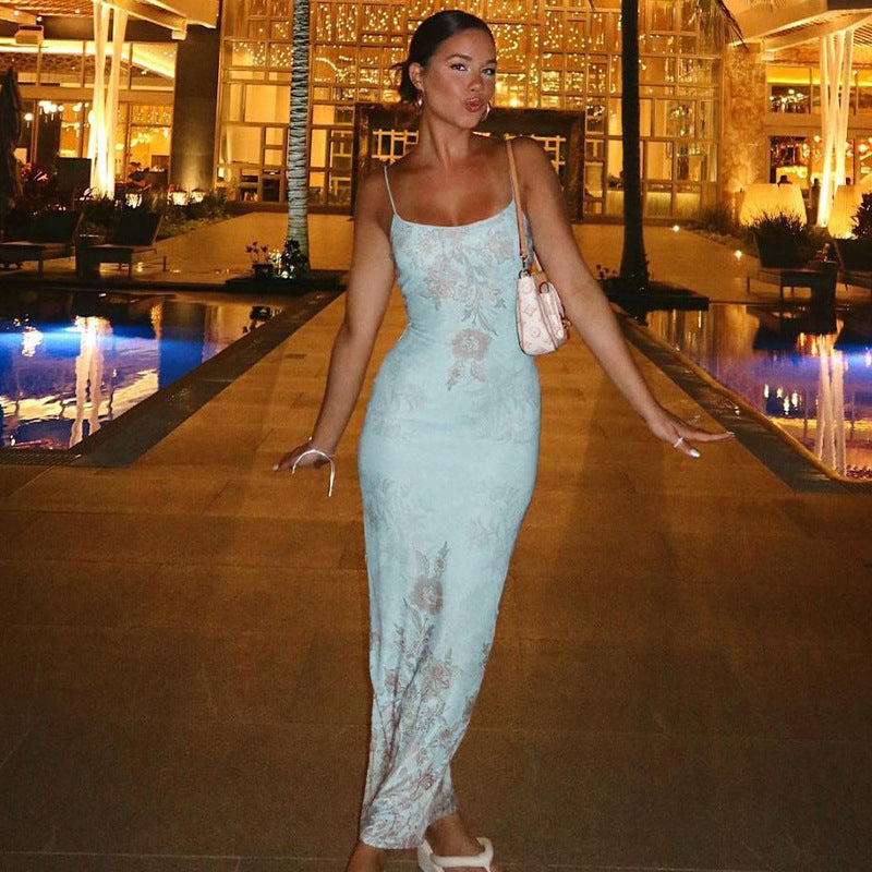 women's clothing summer new blue suspenders island style retro tie-dye hot girl sexy print dress