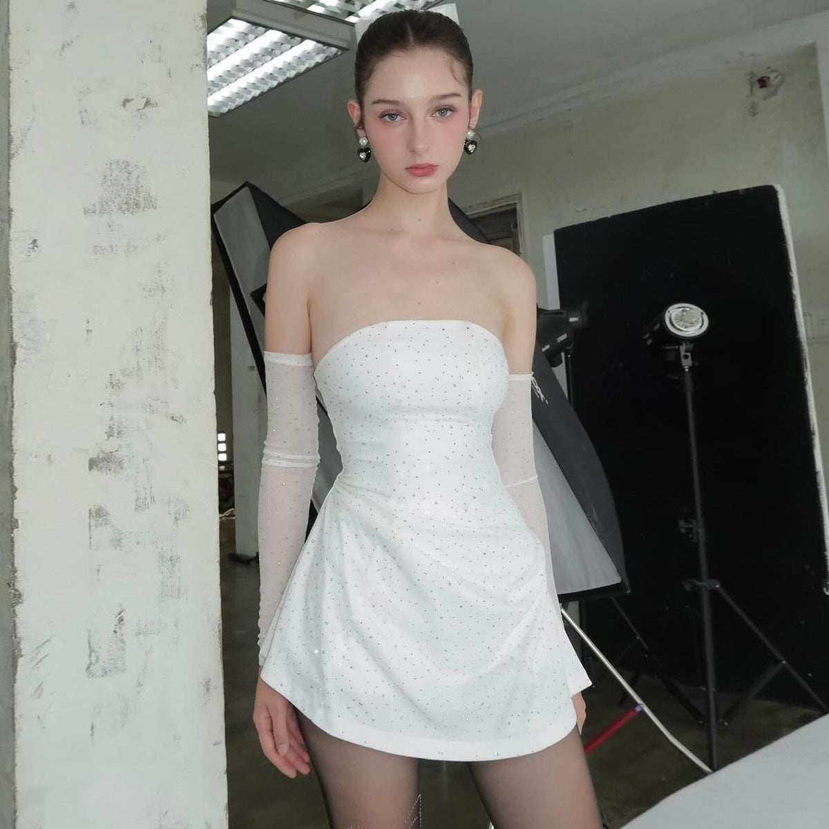 women's clothing summer new sexy sexy elastic bright silk fabric style nightclub bare shoulder short skirt dress