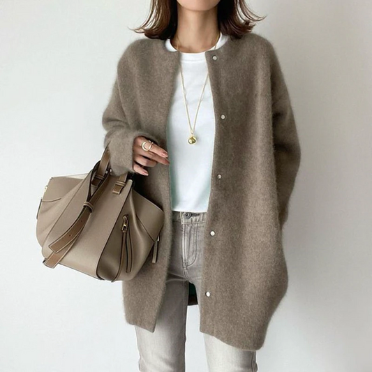 maoxiangshop Women Overcoat Winter Ladies Elegant Round Collar Outerwear Long Sleeve Cardigan Solid Color Single-breasted Long Jacket