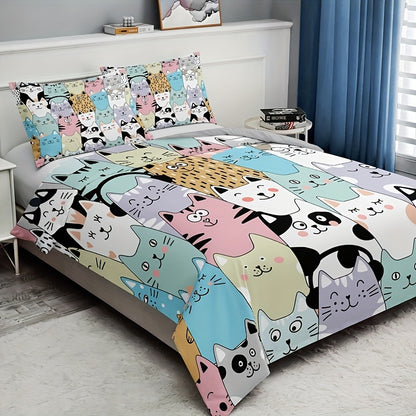 3-Piece Fashionable Cartoon Cat Print Duvet Cover Set - Soft, Breathable, Comfortable Bedding for Bedroom and Guest Room Decor - Includes 1 Duvet Cover and 2 Pillowcases, No Filling