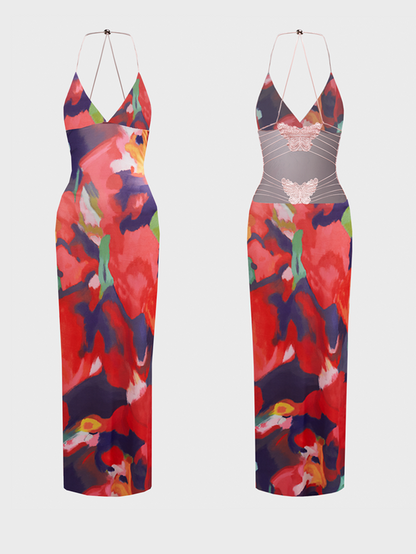 Backless Spaghetti Abstract Sleeveless Maxi Dress