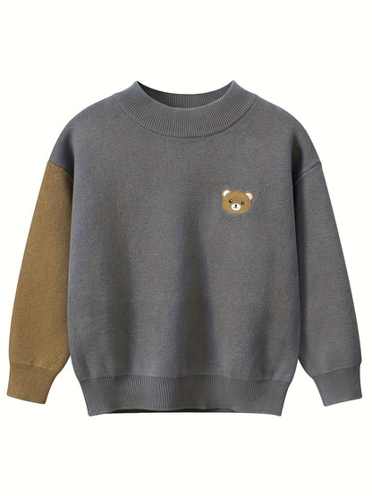 Boys Casual Cotton Knit Sweater With Bear Pattern, Long Sleeve, Crew Neck, Suitable For Boys And Girls Under 12 Years Old