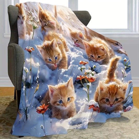 1pc Cozy Kitten Fleece Blanket, Soft Lightweight Warm Throw, Versatile For All Seasons, Cute Cat Print, Perfect For Couch Or Bed, College Style Decor