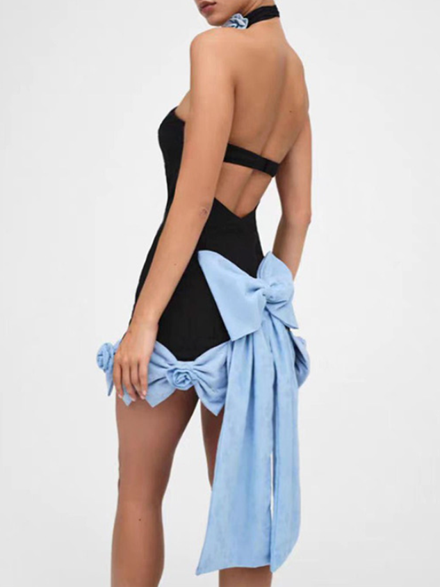 Backless Strapless Color Block Sleeveless Short Dress