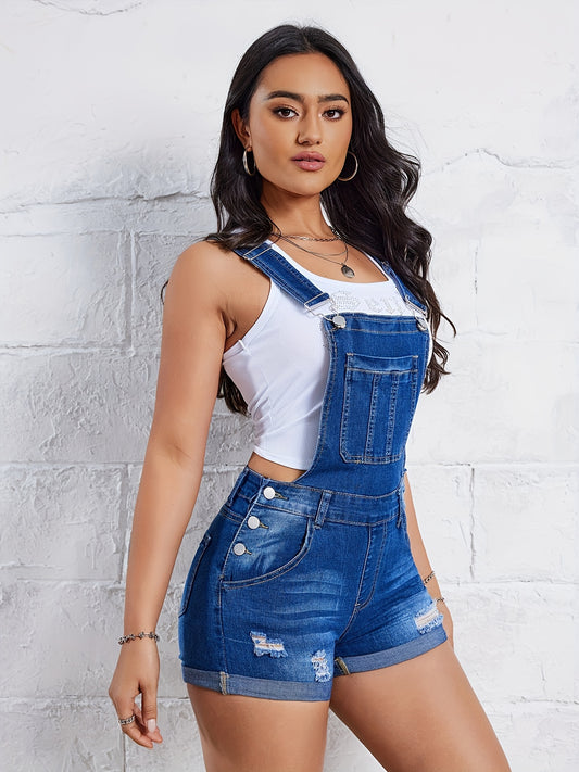 Womens Ripped Stretchy Denim Overall Shortalls Romper - Adjustable Strap, Pockets, Solid Color, Medium Stretch, Streetwear Style, Perfect for Spring/Summer/Fall Seasons