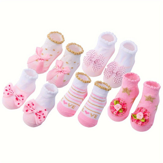 5 Pairs Of Newborn Baby's Cotton Crew Socks, Cute Bowknot Design Socks For Spring And Summer