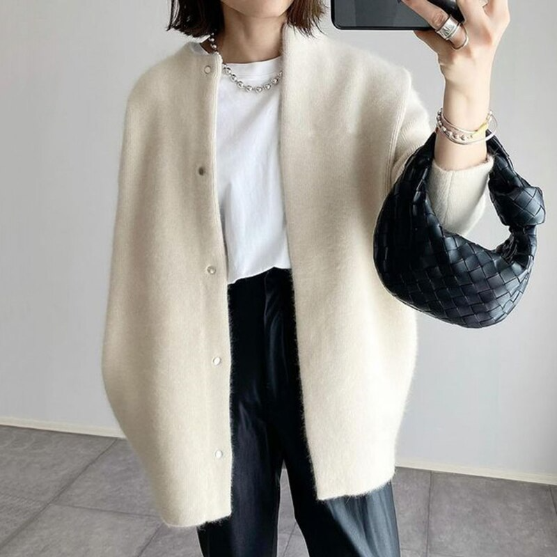 maoxiangshop Women Overcoat Winter Ladies Elegant Round Collar Outerwear Long Sleeve Cardigan Solid Color Single-breasted Long Jacket