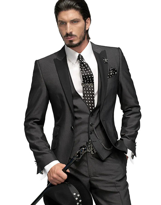 Groom Tuxedos Slim Fit One Button Charcoal Grey Best Man Peak Black Lapel Groomsmen Men Wedding Suits ( Jacket + Pants + Tie + Vest ) H751