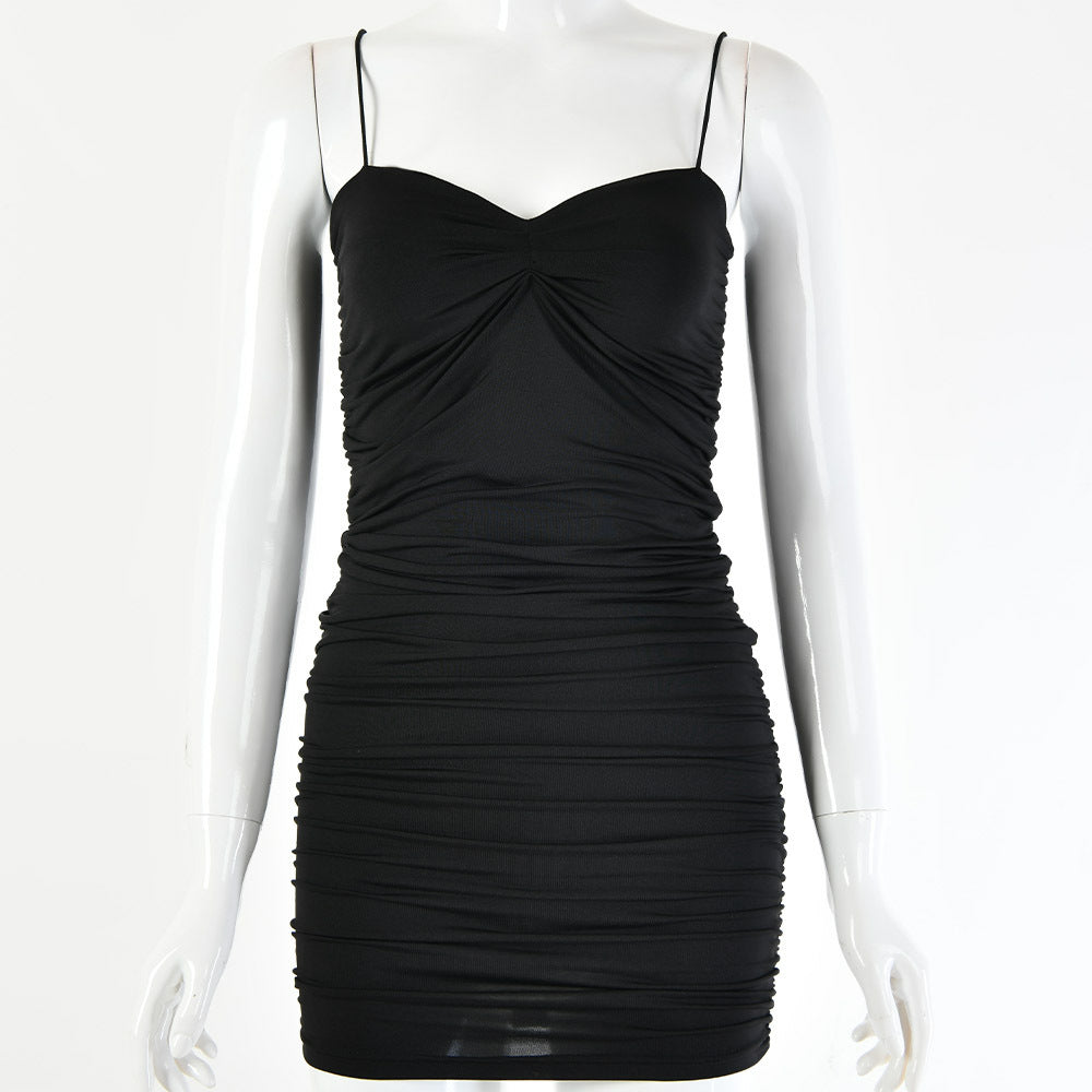 2025 women's clothing is hot-selling in summer , the new Spice Girl solid color dark V-neck sexy suspender backless pleated dress