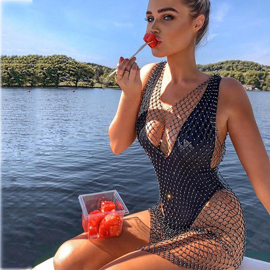 2025 women's clothing sexy one-step skirt autumn new  New Popular trade round neck hollow diamond fishing net dress