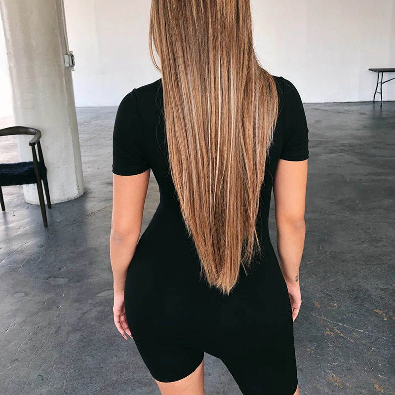 2025 women's clothing autumn new Popular trade hot-selling sexy dark V solid color chest short-sleeved shorts onesie