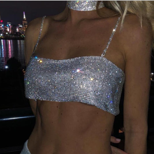 2025 full-diamond sling open-button ultra-short vest low-chest diamond-encrusted sling chest-wrapped with lined fabric
