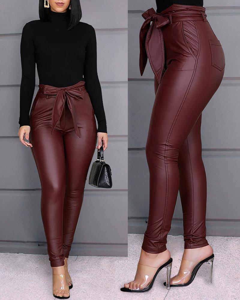 maoxiangshop-shop business casual women outfits chic Women's Fashion Casual Pu Pants Leather Pants (Including Belt)