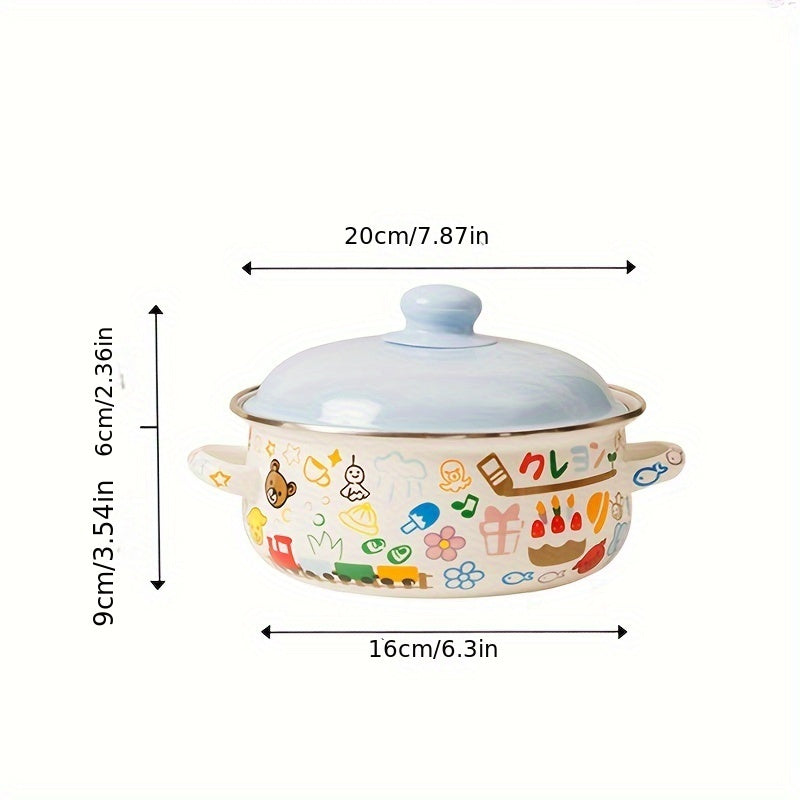 1pc High-Value Cartoon Instant Noodle Enamel Pot, Double-Ear Porcelain Food Grade Soup Pot for Home Kitchen