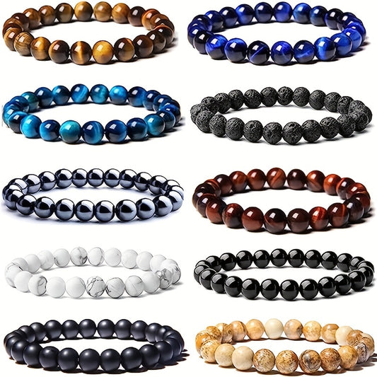 10pcs 8mm Semi Precious Stone Bracelet Round Beaded Bracelet, Crystal Heal Stretch Beaded Bracelets For Men, Bracelet Unisex, For Men And Women, Holiday Gifts, Simple Gifts For Men