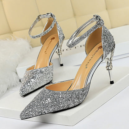283-A5 2025 sexy hollow women's shoes metal decorative high heel shallow mouth pointed sequins word with hollow sandals
