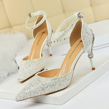 283-A5 2025 sexy hollow women's shoes metal decorative high heel shallow mouth pointed sequins word with hollow sandals