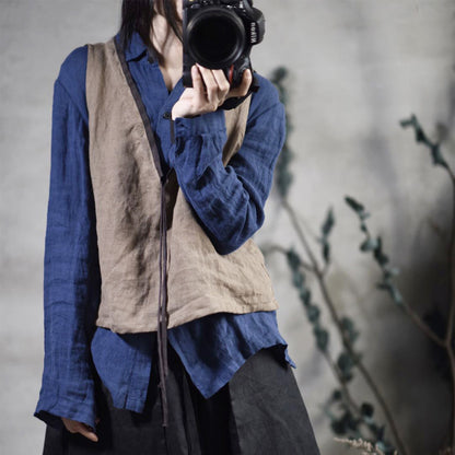 2025 202003/Ensheng, linen, women's spring and summer new loose retro simple lace-up outer wear small vest