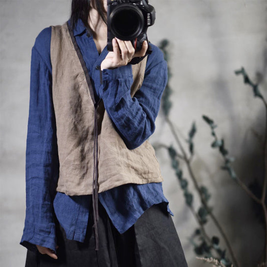 2025 202003/Ensheng, linen, women's spring and summer new loose retro simple lace-up outer wear small vest