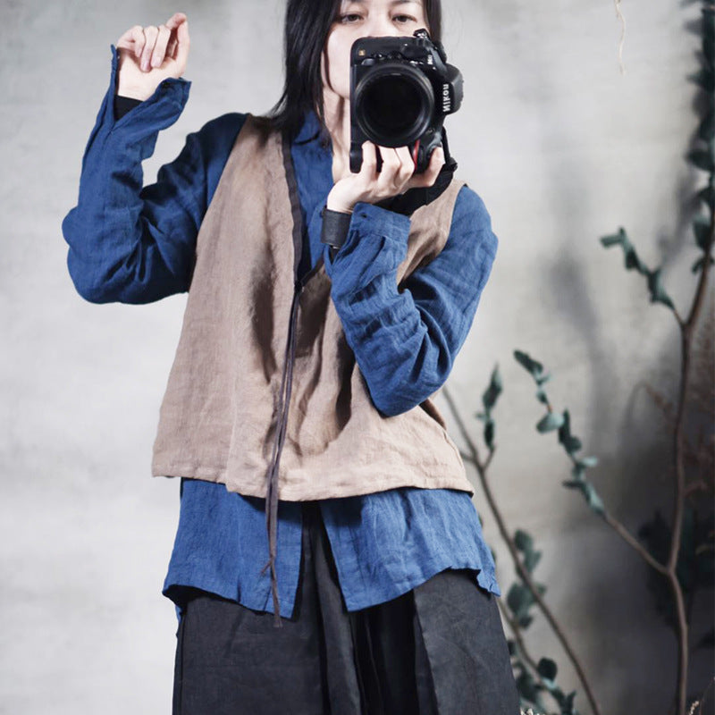 2025 202003/Ensheng, linen, women's spring and summer new loose retro simple lace-up outer wear small vest