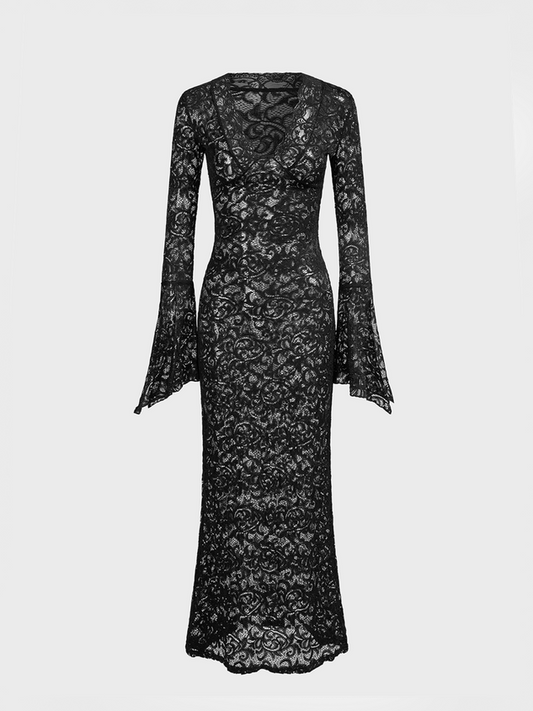 Lace V Neck Plain Long Sleeve Maxi Dress