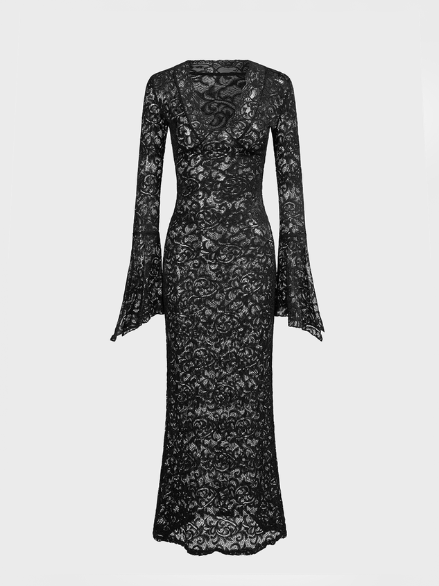 Lace V Neck Plain Long Sleeve Maxi Dress