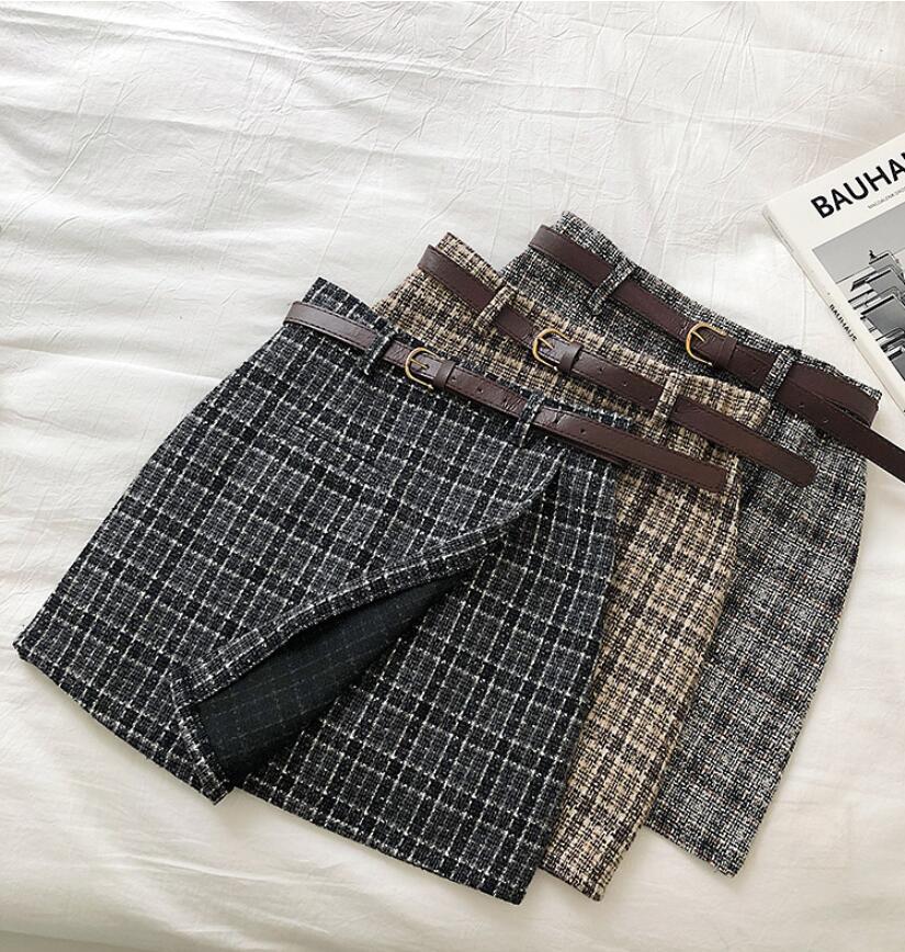 maoxiangshop outfit ideas for school Spring and Autumn Irregular Anti-Exposure Skirt Women's New Korean Style Retro Plaid High Waist A- line Skirt with Belt