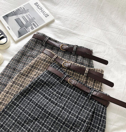 maoxiangshop outfit ideas for school Spring and Autumn Irregular Anti-Exposure Skirt Women's New Korean Style Retro Plaid High Waist A- line Skirt with Belt