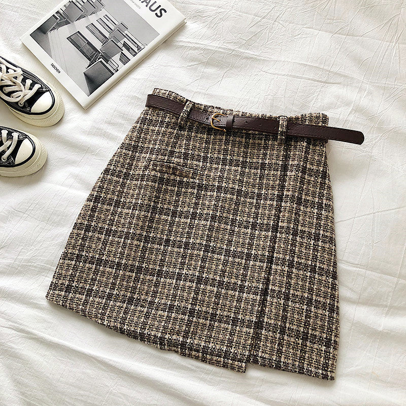 maoxiangshop outfit ideas for school Spring and Autumn Irregular Anti-Exposure Skirt Women's New Korean Style Retro Plaid High Waist A- line Skirt with Belt