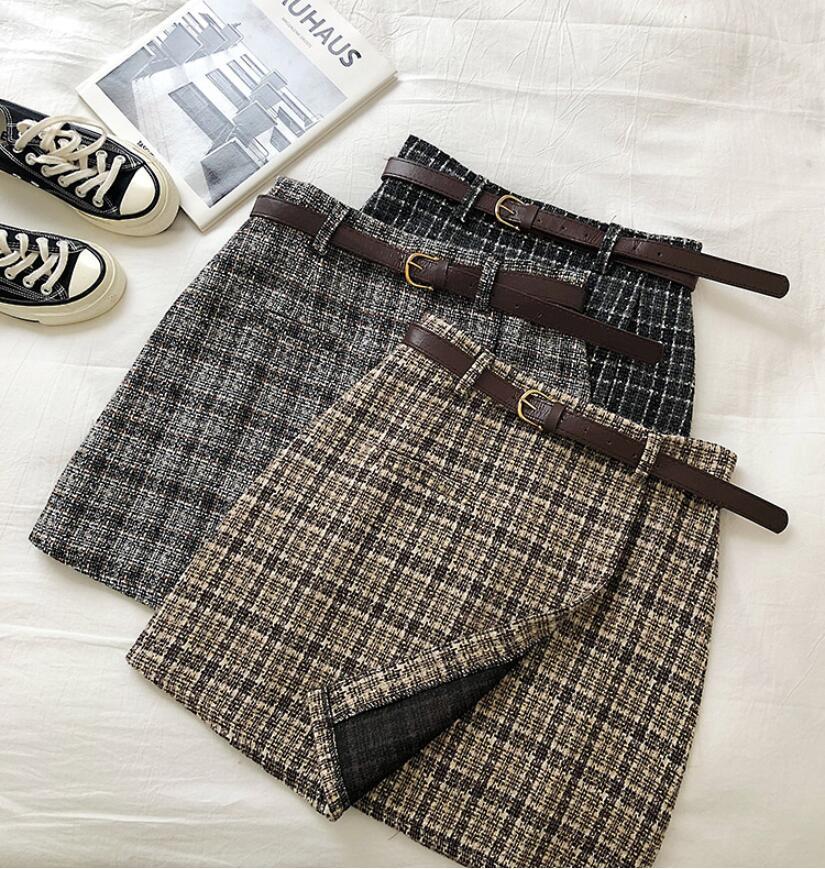 maoxiangshop outfit ideas for school Spring and Autumn Irregular Anti-Exposure Skirt Women's New Korean Style Retro Plaid High Waist A- line Skirt with Belt