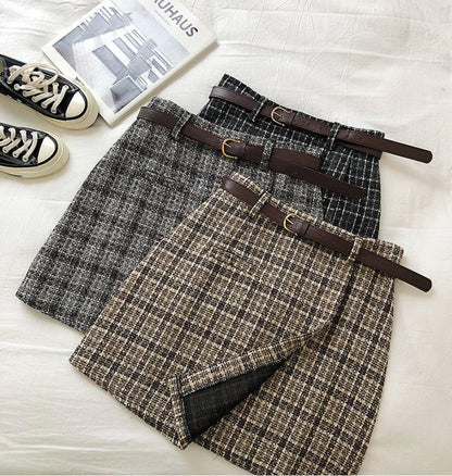 maoxiangshop outfit ideas for school Spring and Autumn Irregular Anti-Exposure Skirt Women's New Korean Style Retro Plaid High Waist A- line Skirt with Belt