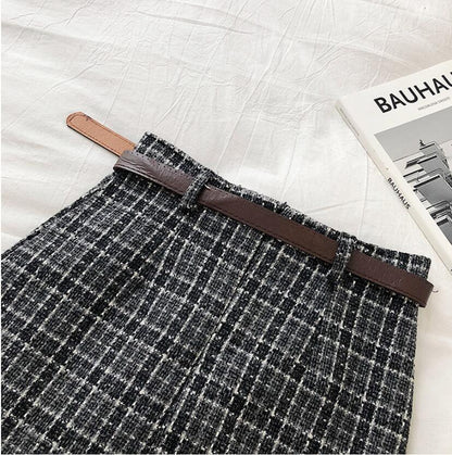 maoxiangshop outfit ideas for school Spring and Autumn Irregular Anti-Exposure Skirt Women's New Korean Style Retro Plaid High Waist A- line Skirt with Belt