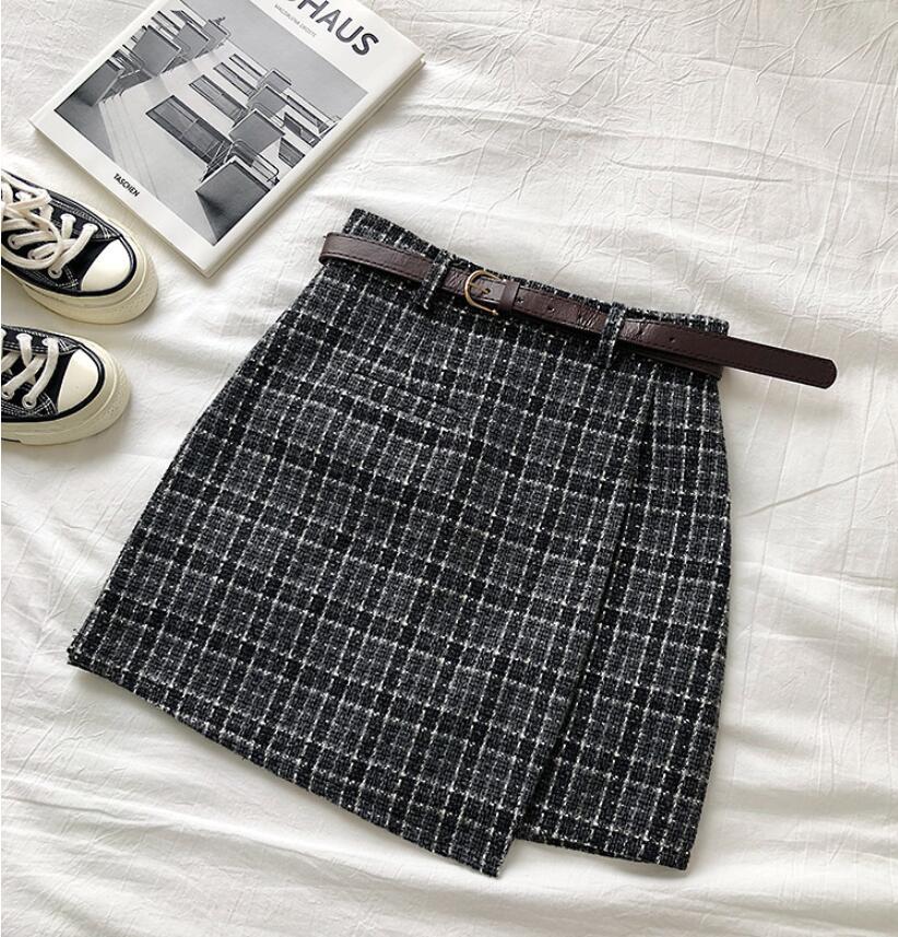 maoxiangshop outfit ideas for school Spring and Autumn Irregular Anti-Exposure Skirt Women's New Korean Style Retro Plaid High Waist A- line Skirt with Belt