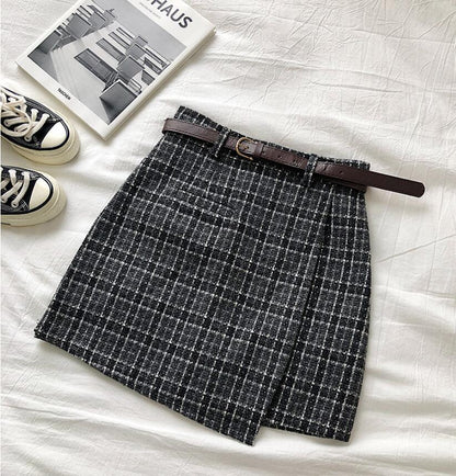 maoxiangshop outfit ideas for school Spring and Autumn Irregular Anti-Exposure Skirt Women's New Korean Style Retro Plaid High Waist A- line Skirt with Belt