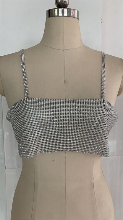 2025 full-diamond sling open-button ultra-short vest low-chest diamond-encrusted sling chest-wrapped with lined fabric