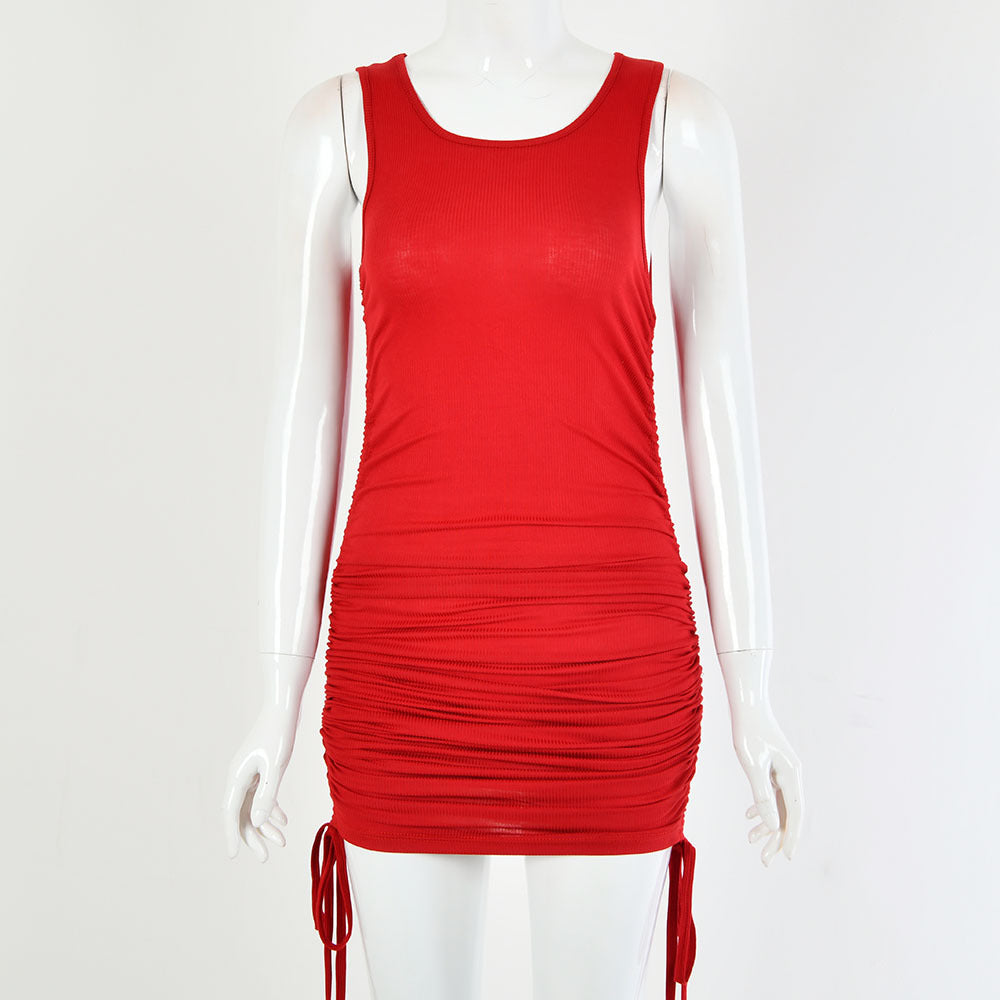 2025 women's clothing autumn new sexy fashion solid color cotton round neck sleeveless side drawstring lace-up hip dress