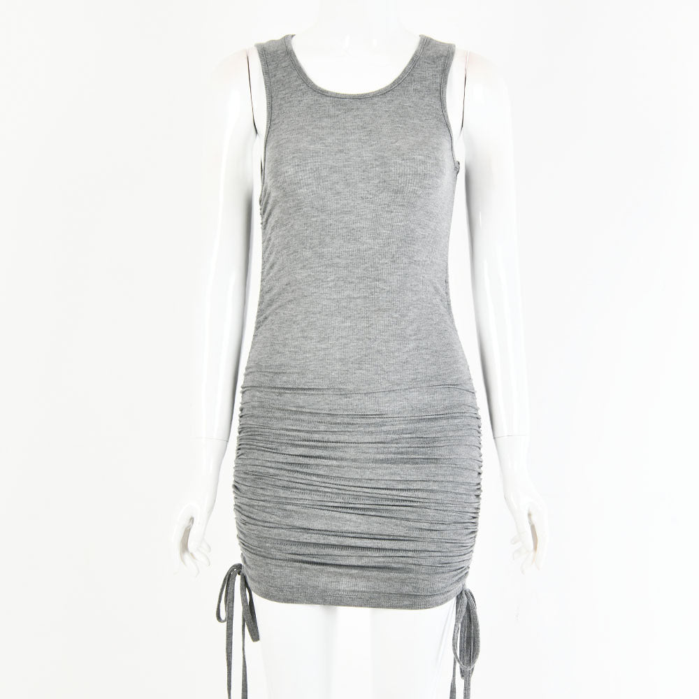 2025 women's clothing autumn new sexy fashion solid color cotton round neck sleeveless side drawstring lace-up hip dress